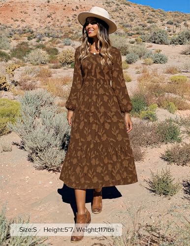 ZESICA Women's Fall Boho Floral Midi Dress 2026 Casual Long Sleeve Crewneck Flowy Wedding Guest Long Dresses