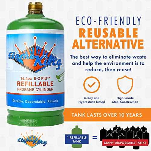 Flame King Refillable 1LB Empty Propane Cylinder Tank - with Refill Kit and CGA600 Connection - Reusable - Safe and Legal Refill Option - DOT Compliant - 16.4 oz, Green