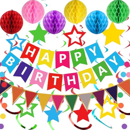 Buygain Colorful Birthday Decorations, Happy Birthday Banner with Honeycomb Balls, Stars Hanging Swirl Streamers, Buntings...