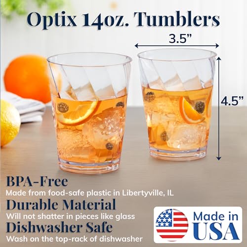 US Acrylic Optix Plastic Reusable Drinking Glasses (Set of 8) 14oz Rocks Cups in Clear | BPA-Free Tumblers, Made in USA | ...