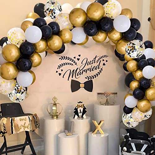 72 Pack Black Gold Confetti Balloons Kit, 12 Inch Black Gold White Balloons and Gold Confetti Balloons with Balloon Ribbon...