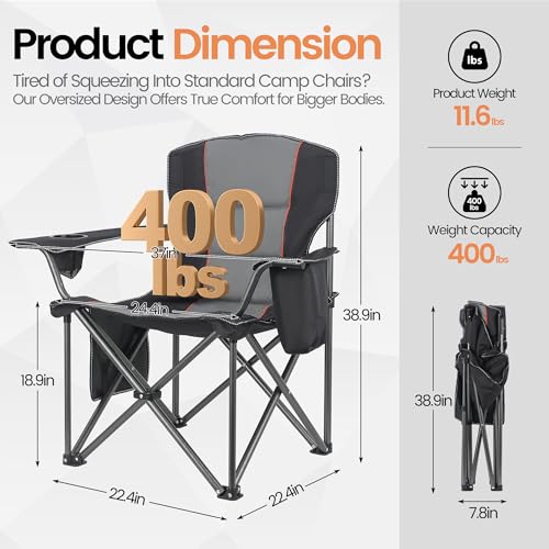 WEIDIORME 2 Pack Heavy Duty Oversized Camping Chair for Adults 400lbs w/Lumbar Support - Folding Chairs with Side Pocket, ...
