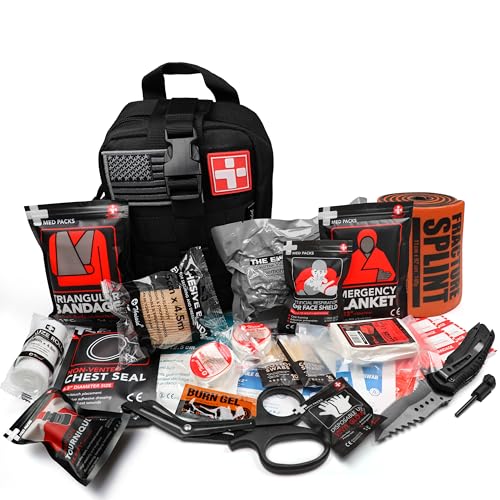 Survival First Aid Kit with Israeli Bandage, Splint, Chest Seal, Tactical Military Combat Molle IFAK for Wound Care, Bleed...