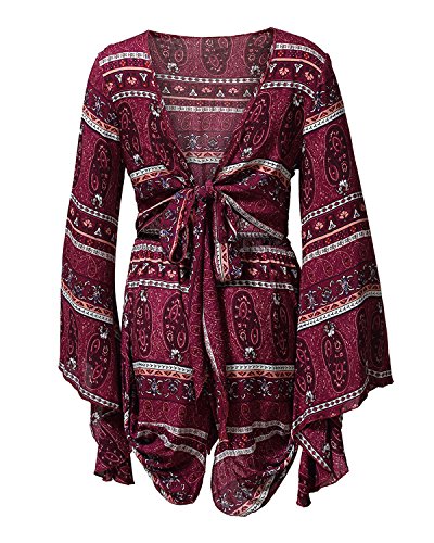 AELSON Women's Boho V Neck Print Romper Playsuit With Long Flare Sleeves