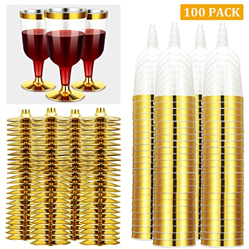 CHENGU 100 Pcs Plastic Wine Glasses 7 oz Gold Rimmed Mini Stemware with Removable Base for Wedding Parties Birthday Annive...