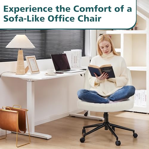 OLIXIS Criss Cross Chair with Wheels Wide Cross Legged Office Desk Vanity Chair Comfy Fabric Armless Adjustable Swivel for...