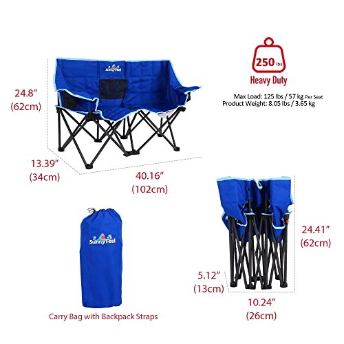 SUNNYFEEL Kids Folding Double Camping Chair, Portable Kids Camping Chairs 2 Seat Chair, Blue Padded Foldable Lawn Chairs w...