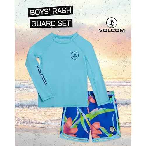 Volcom Baby Boys Swim Set - 2 Piece Long Sleeve Swim Shirt Graphic Tees & Board Shorts, Infant Toddler Little Boys Swimsuit