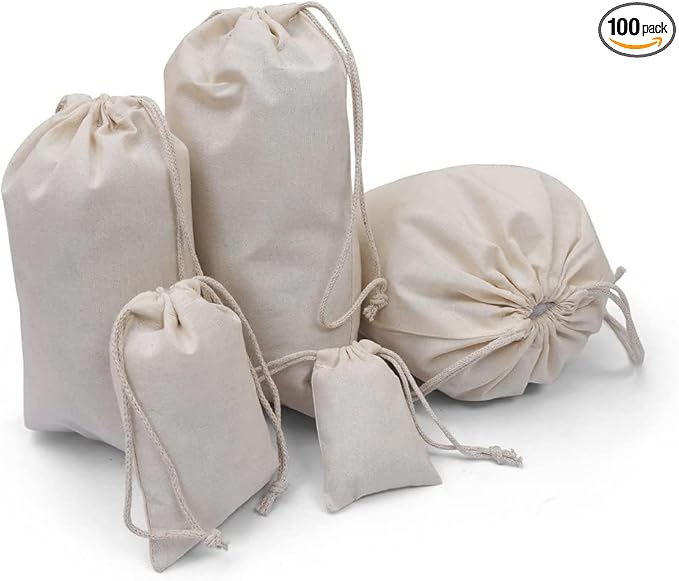 100Pcs 3 x 4 Inches Premium Cotton Muslin Double Drawstring Bags, Reusable Bag Natural Cotton Bags with Drawstring Produce Bags Bulk Gift Bag Jewelry Pouch for Party Wedding Home Storage