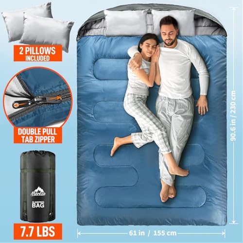 MEREZA Double Sleeping Bag for Adults Mens with Pillow, XL Queen Size Two Person Sleeping Bag for All Season Camping Hikin...