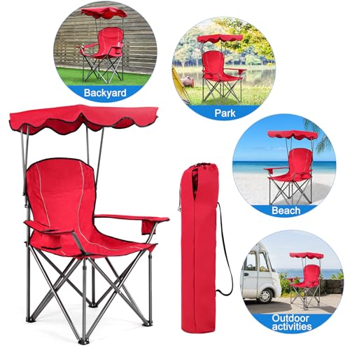 WATERJOY 24 Inches Portable Camping Chairs with Cup Holder, Folding Beach Chair with Shade Canopy