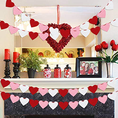 Felt Heart Garland Banner, Pre-Strung | Valentines Decorations | Red Pink White Valentines Banner | Anniversary Wedding Bi...