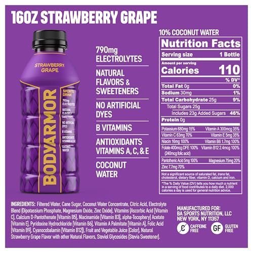BODYARMOR Sports Drink, Strawberry Grape, Electrolyte Drink Hydration, 16 Fl Oz Bottles (12 Pack), Flavored Coconut Water ...