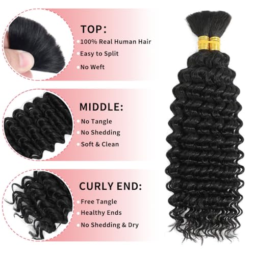 Human Braiding Hair for Boho Braids 12A Deep Water Wave Bulk Human Hair for Braiding No Weft Wet and Wavy Curly Human Hair Extensions (1B-Natural Black-Deep, 110g-28 Inch)