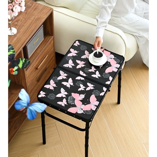 YihuiKo Small Camping Table, Vintage French Butterflies Pattern Folding Table, Adjustable Height, Lightweight & Portable O...