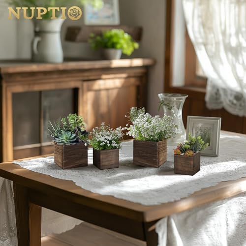 NUPTIO Wooden Box for Centerpiece Wedding: 6 Pcs Rustic Square Planter Box for Christmas Table Fall Decorations - 4×4" & ...