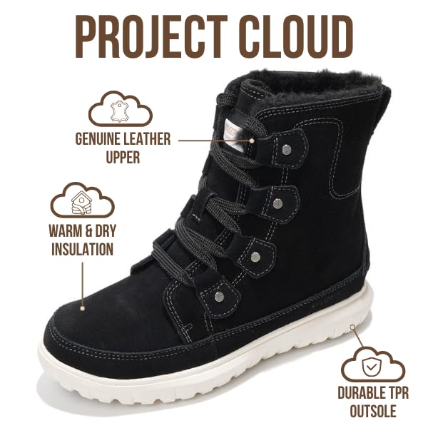 Project Cloud 100% Genuine Leather Womens Snow Boots- Genuine Leather Waterproof Memory Foam Insole and Non-Slip Winter Sn...