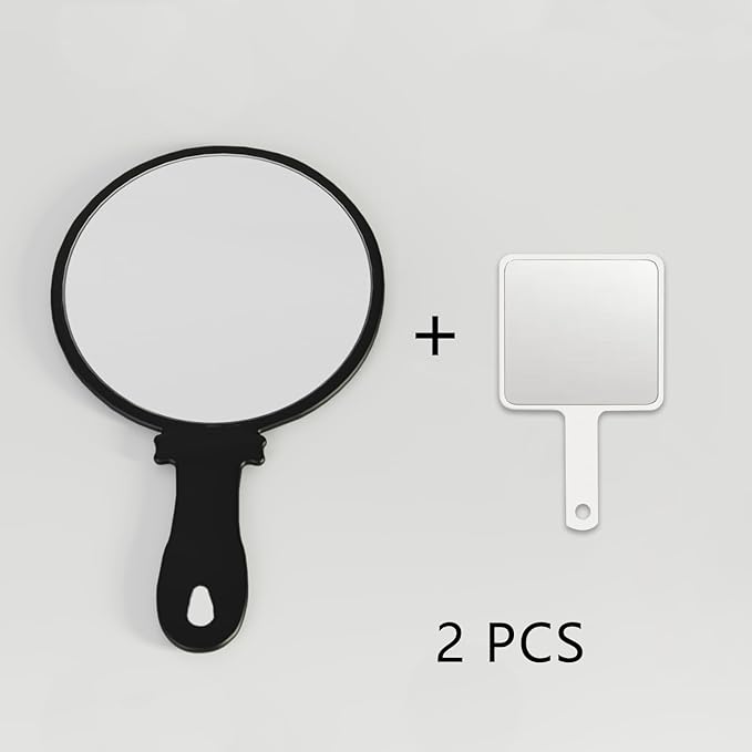 Hand Mirror 2 Pcs, Men or Women Salon Barber Hairdressing Portable Handheld Mirrors with Handle,See Back of Head Haircut Mirror, Pocket Travel and Present (Black, 5.91" L x 9.84" W (Round))