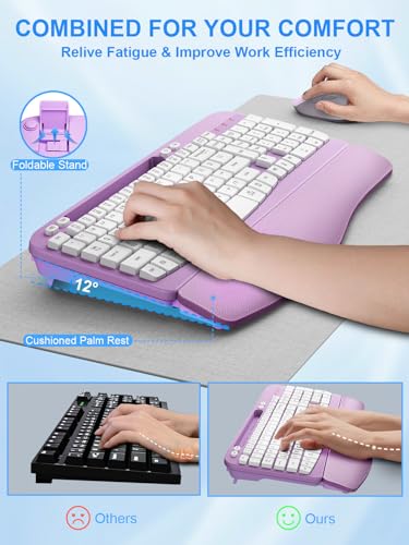 Wireless Keyboard and Mouse Combo, Wave Keys Computer Ergonomic Keyboard with Cushioned Plam Rest, Phone Holder, 2.4GHz Si...