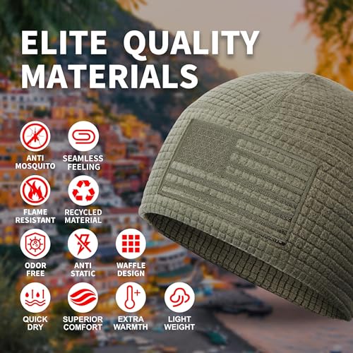 OUTDOOR SHAPING Grid Fleece Beanie with American Flag Embroidery Waffle Tactical Army Military Skull Cap