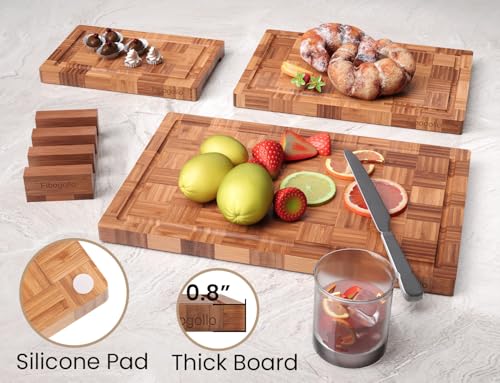 Fibogollo Bamboo Cutting Boards for Kitchen,Chopping Boards Set with Juice Groove,End Grain Bamboo Butcher Block,Serving B...