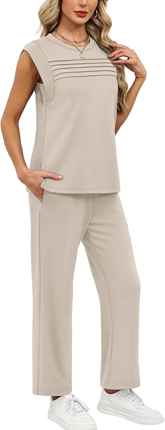 WIHOLL 2 Piece Sets for Women Summer Lounge Sets Travel Vacation Outfits Cap Sleeve Sweatsuit Side Slit Wide Leg Pants S-3XL