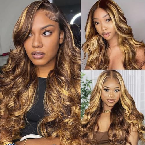 Honey Blonde Lace Front Wig Human Hair 13x4 HD Body Wave Highlight Lace Frontal Wigs Human Hair Pre Plucked With Baby Hair 180% Density Body Wave 4/27 Glueless Human Hair Wigs For Women 26inch