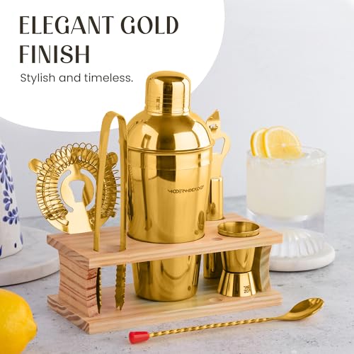 Modern Mixology Cocktail Shaker Set - 8 Piece Bartender Kit on Quality Pine Stand | Complete Cocktail Kit Gift Set | Top B...