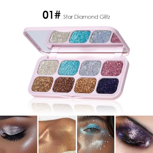BAISEN DIARY 8-Color Glitter Eyeshadow Palette, Star Diamond Glitz, High Shine Metallic & Sparkle Shades, Long-Lasting Wat...