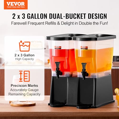 VEVOR Beverage Dispenser, 3 Gallon x 2 Drink Dispensers for Parties, Plastic Juice Dispenser with Stand Spigot Lid, Iced T...