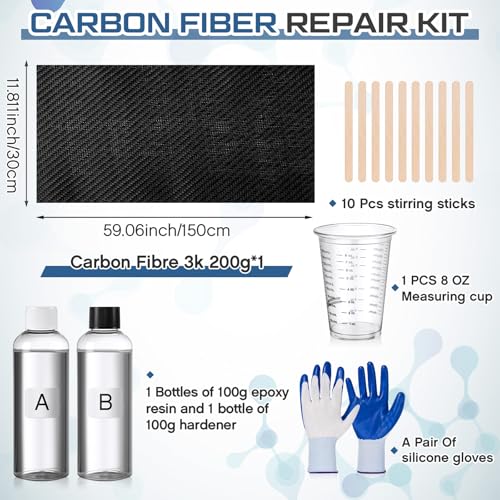 Chunful 15 Pcs Carbon Fiber Repair Kit Includes 59 x 12 Inch 3k 200g Plain Weave Carbon Fiber Sheets 8 oz Epoxy Resin 8oz ...