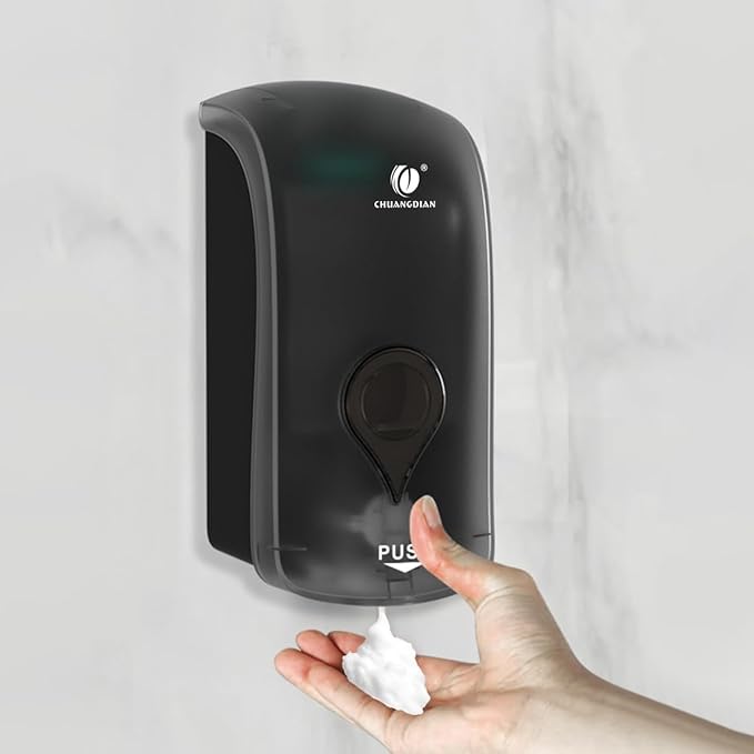 Hand Press Foaming Soap Dispenser, 35oz (1000ml) Refillable Wall Mount Soap Dispenser, Durable ABS Plastic, for Commercial & Home, Semi-Transparent Black, CHUANGDIAN