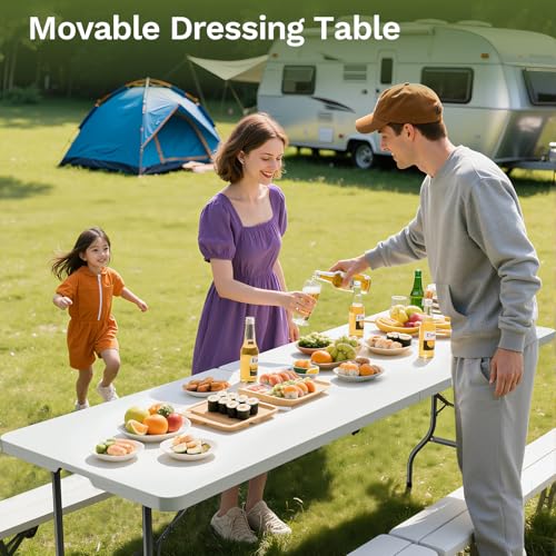 8 FT Heavy Duty Portable Table, Folding Table with Carrying Handle, Heavy Duty Portable Table for Events, Picnic Indoor, O...