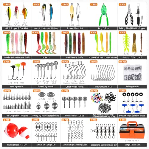 PLUSINNO Large 3 Layers Fishing Tackle Box with Tackle Included, 415Pcs Fishing Lures Kit Contains Pliers, Crankbait, Hook...