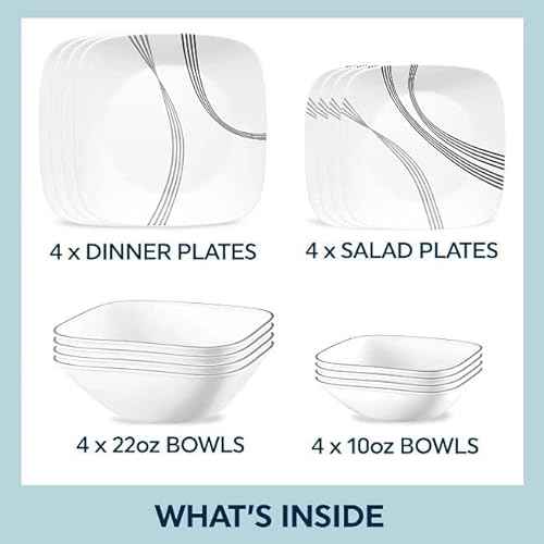 Corelle Urban Arc 16pc, Service for 4, Dinnerware Set, 8 Plates Bowls, Chip & Break Resistant, Dinner and Corelleware White