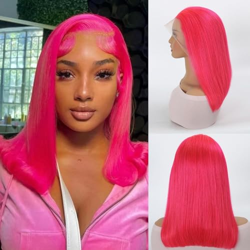 Pink Bob Wigs 13x4 HD Lace 100% Human Hair Front Wig Brazilian Unprocessed Virgin Human Hair Wigs Pre Plucked Natural Hairline Transparent Lace Pink Front Bob for Women (14")