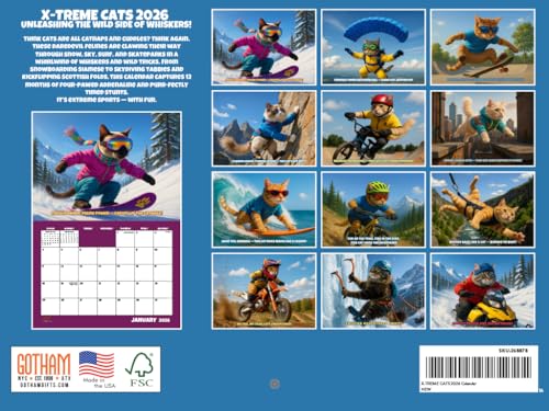 Extreme Sports Cats Calendar 2026 Monthly Wall Calender 12 Month | American Made In The USA