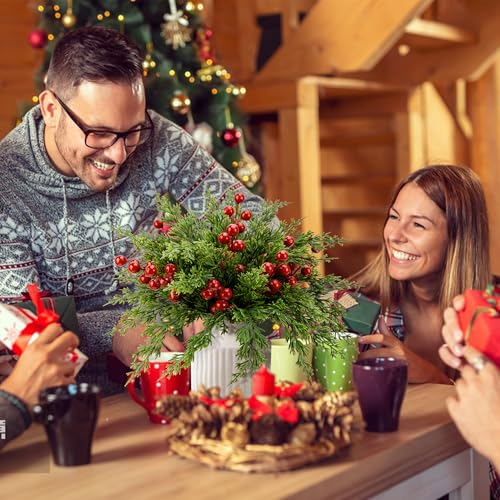 Watayo 45 Pcs Christmas Artificial Pine Branches with Red Berry Stems, 10.5" Faux Evergreen Norfolk Pine Cypress Leaves St...