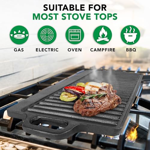 ProSource 2-in-1 Reversible 19.5” x 9” Cast Iron Griddle with Handles, Preseasoned & Non-Stick for Gas Stovetop, Oven and ...