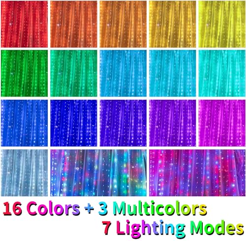 16 Colors Changing Curtain Lights - 250 LED 9.8 X 8.8 FT Fairy String, 7 Modes Twinkle with Remote, Backdrop Wall Hanging ...