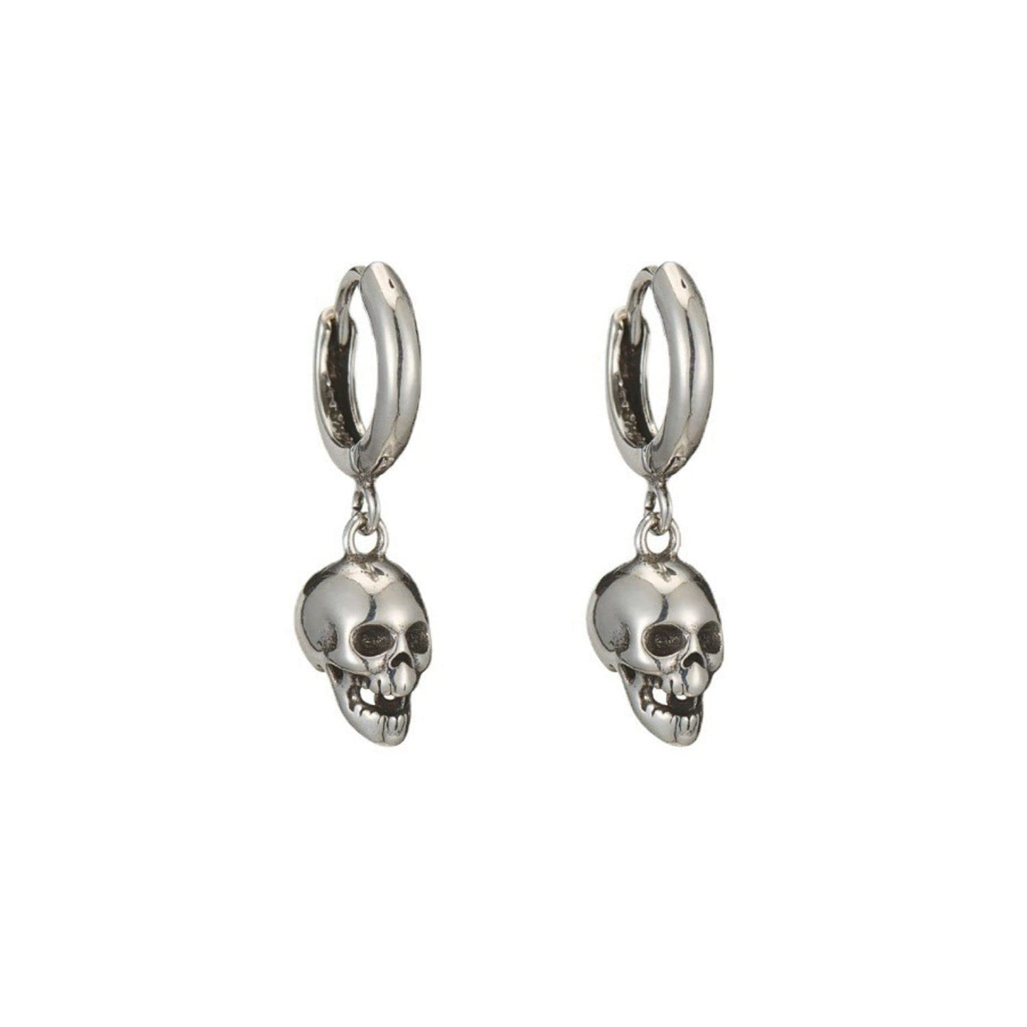 Punk Gothic Skull Dangle Hoop Earrings For Men, Women Silver Plated with Skeleton Head Drop Hoops Earrings Unisex Halloween Jewelry(A)