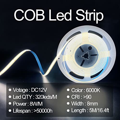 HAMRVL COB LED Strip Lights White 6000K,DC12V 16.4ft/5M 320leds/M CRI90 Flexible LED Tape Lights 8mm,for Indoor Home Cabin...