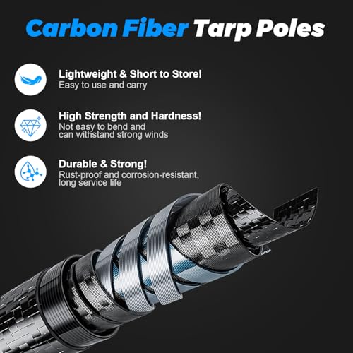 Telescopic Tarp Poles, Canopy Adjustable Carbon Fiber Poles Set of 2, Portable & Lightweight Tent Tarps for Awning, Campin...