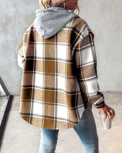 CHICME Womens Lightweight Casual Jacket Plaid Long Sleeve Shacket Fleece Lined Hooded Jackets Warm Coat