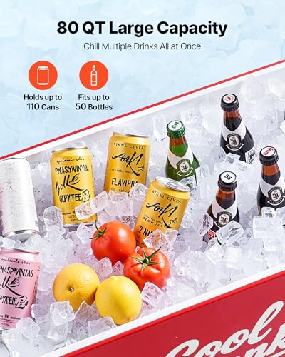 VEVOR 80 Quart Rolling Ice Chest, Holds up to 50 Bottles / 110 Cans, Portable Patio Party Bar Drink Cooler Cart with 4 Swi...