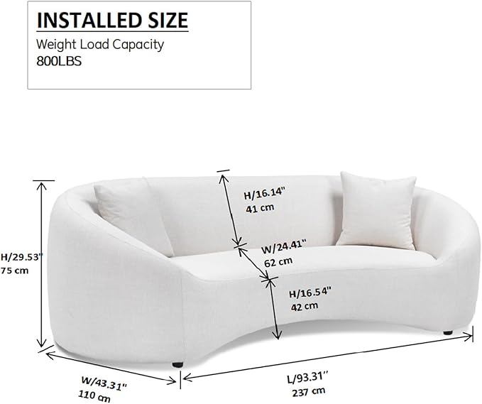 93.31” Modern Curved Sofa,Chenille & Velvet Fabric 3-Seater Couch with Solid Wood Frame,Luxury Cloud Sofa with 2 Throw Pillows,Minimalist Sofas for Living Room,Bedroom,No Assembly Required,White