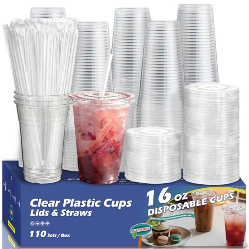 Voatree 110 Packs 16oz Plastic Cups with Lids and Straws,Sturdy & Food Safe Disposable Coffee Cups,Clear Iced Cups For Cof...