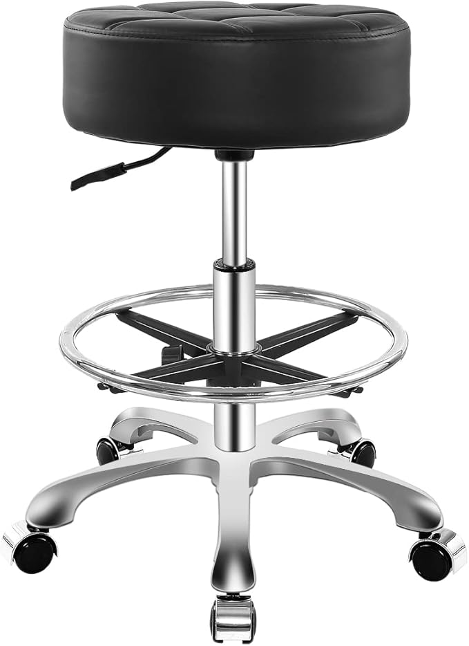 Ainilaily Rolling Stool for Shop Work Medical Tattoo Salon Lash,Heavy Duty Esthetician Hydraulic Chair Stool with Wheels (Black,with Foot Rest)