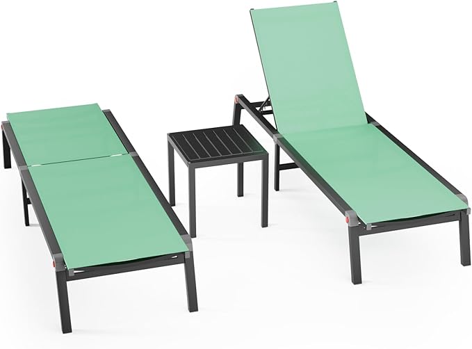 WOAJNQO Aluminum Patio Chaise Lounge Chair Set of 2 with Side Table,5-Position Adjustable Backrest,Foldable Lounge Chair Outdoor,Pool Lounge Chairs for Poolside,Lawn,Deck,Beach (Green, 2 Pack+Table)