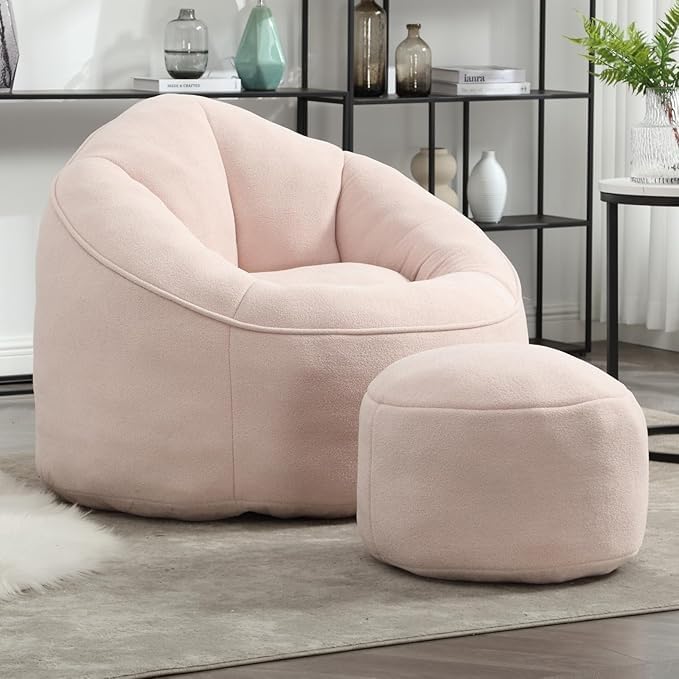 Sudwesto Bean Bag Chair for Adult, Microfiber Upholstered Bean Bag Sofa with Petal Back, Shell-Shaped Beanbag Chair with Footstool, Memory Foam Stuffed Lazy Sofa for Living Room, Bedroom (Pink)